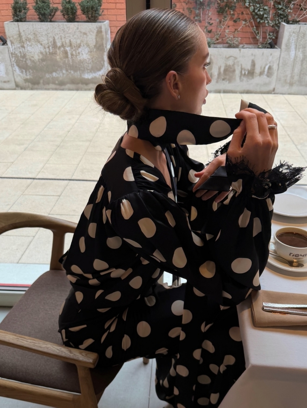 Polka Dot Dress Print Hanging Neck V-neck Bubble Sleeve Cinched Waist Fish Tai - Picture 9 of 12